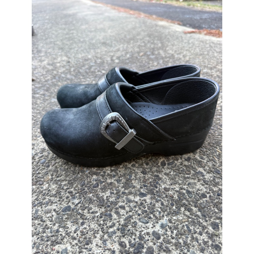Dansko Professional Black Nubuck Leather Clogs Western Buckle Strap Size 39